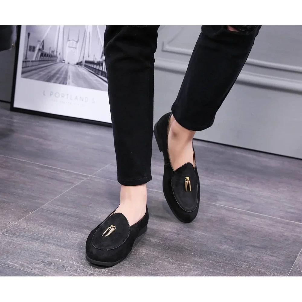 Santimon Men's US 8.5 Black Suede Smoking‎ Slip On Loafers Formal Dress Shoes